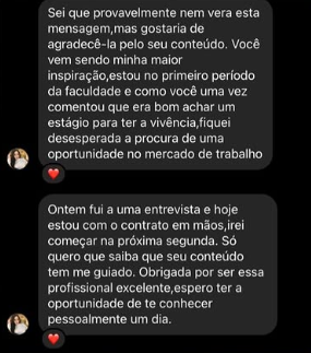 Estudante agradece o conteúdo e compartilha a conquista de uma oportunidade de trabalho.