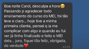 Aluna agradece o curso de MEI e celebra sua primeira cliente.